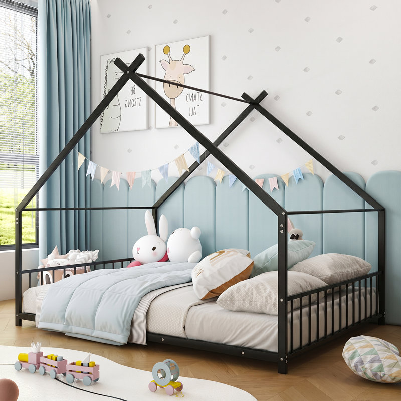 Full Size Montessori Floor Bed Metal House Bed Frame In Black For Kids, Full