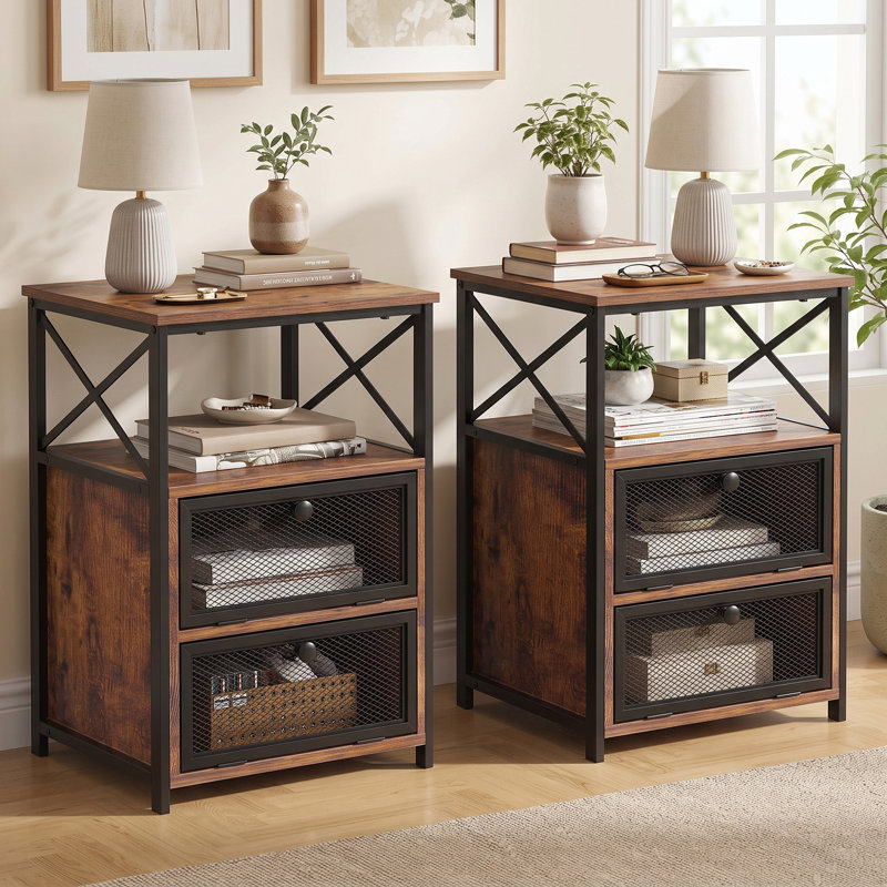 Ensemble de table de chevet Kempst 2, petite table de chevet avec tiroirs, table de bout étroite avec tablette ouverte, commode 2 tiroirs pour chambre à coucher / salon / dortoirs