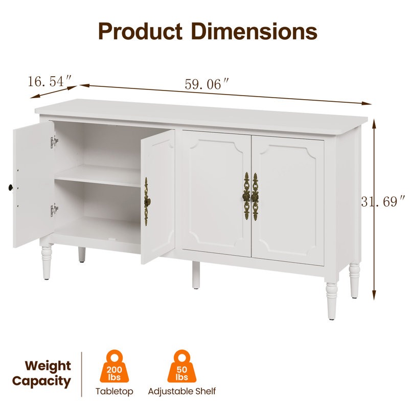 Buffet de 58 po de largeur avec 2 tablettes réglables et 4 portes Collynns, Blanc