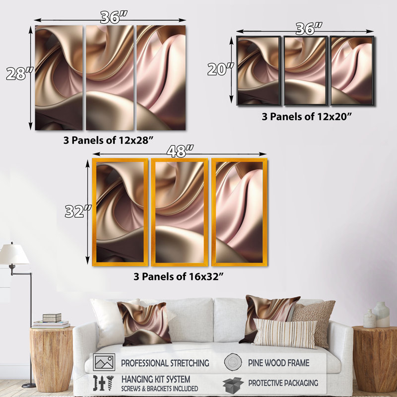 Luscious liquide or en rose discret et taupe IV - 3 pièces sur toile, H 28 po x l 36 po x P 1 po, Toile encadrée noire