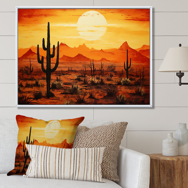 Cactus Sunrise Silhouettes - Cactus, art mural, H 12 po x l 20 po x P 1 po, Cadre naturel flottant