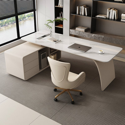 Modern Italian L-shaped White Sintered Stone Executive Desk