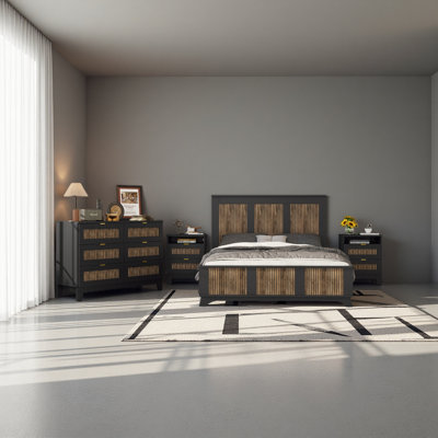Ensemble de chambre à coucher 4 pièces, lit plateforme grand avec des autocollants en bois, table de chevet et commode avec poignée en métal