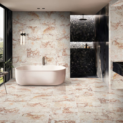 12X24 Pink Polished Tiles For Living Room Wall And Floor, Luxury Elegant, 4 In A Box, Natural Variation Bathroom Design, Per Box