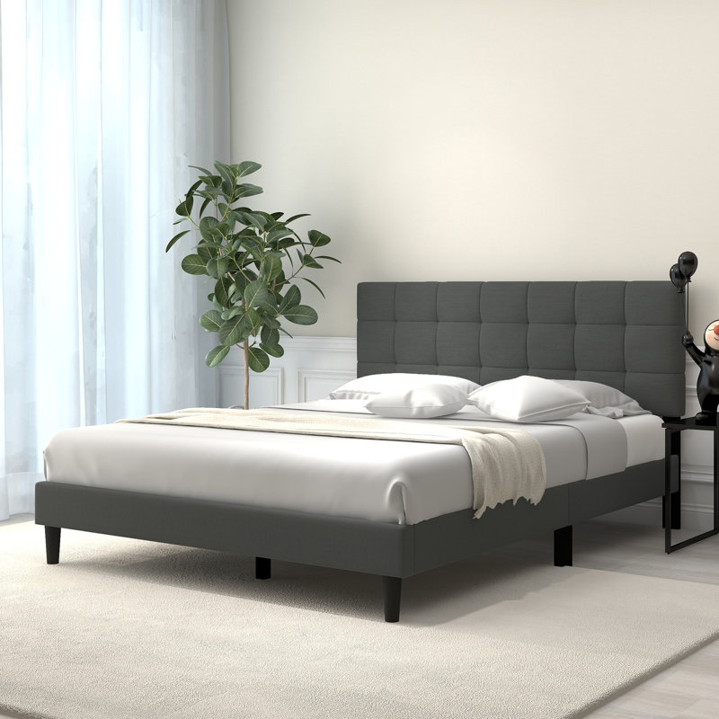 Upholstered Platform Bed, Dark Gray, Queen