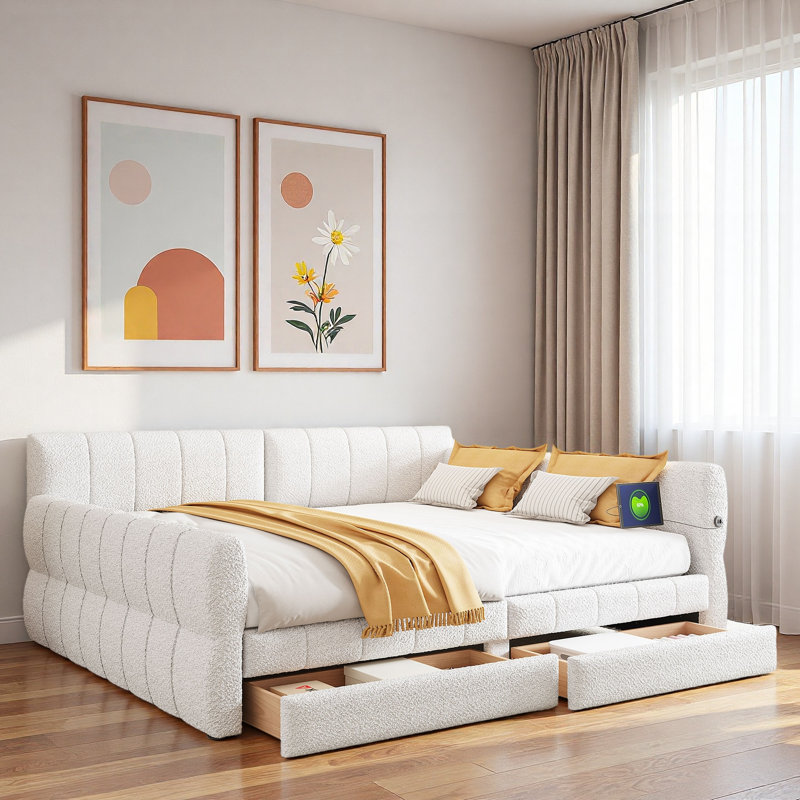 Upholstered Daybed With Usb And 2 Drawers, White