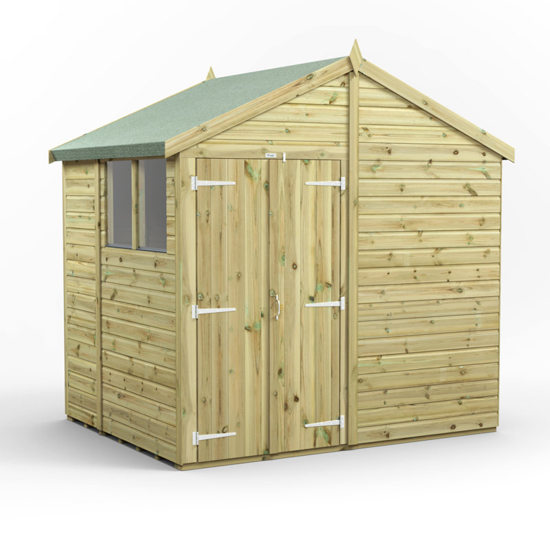 Powersheds 6 x 8ft Premium Pressure Treated Timber Apex Garden Shed, Double Doors