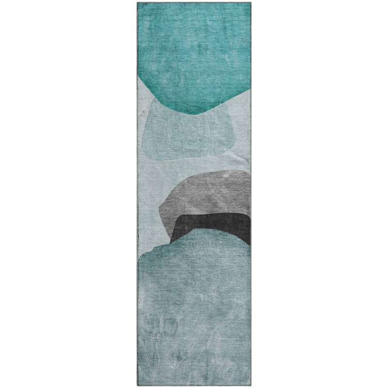Teal Synthetic Washable Modern Abstract Rug 2'3" x 7'6"