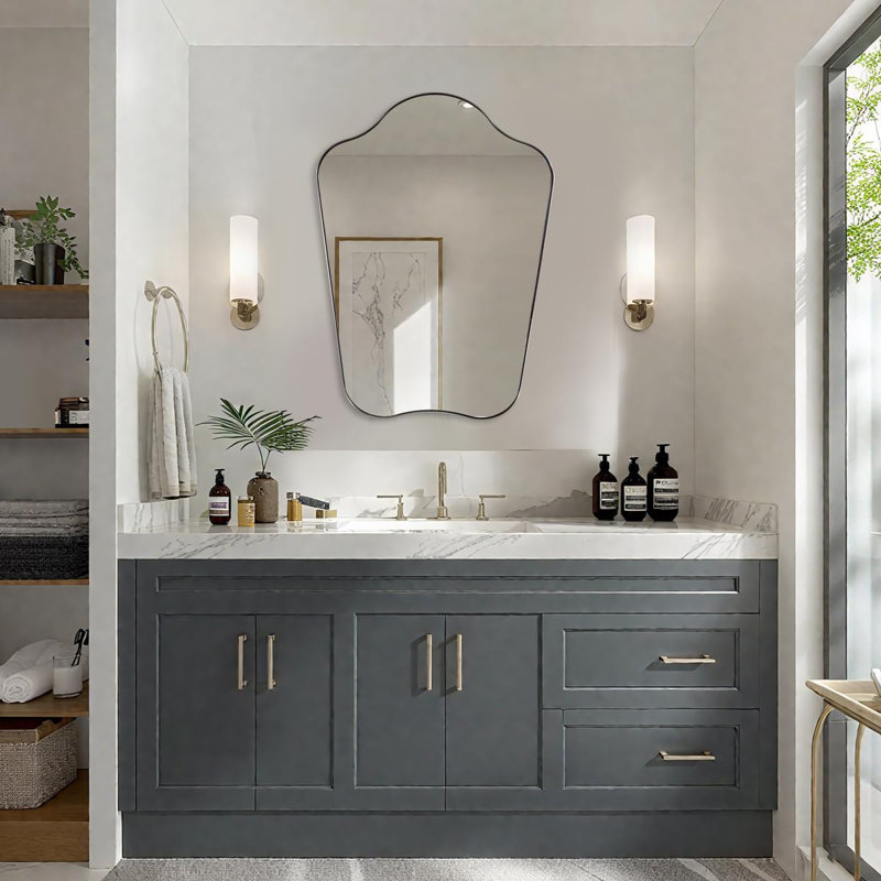 Contemporary Dual Arch Scalloped Bathroom Vanity Mirror | Stainless Steel Frame, 32" x 24", Brushed Nickel