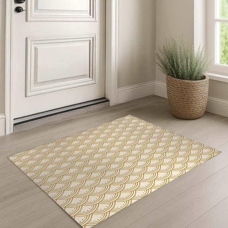 Tapis d'entrée intérieur ultra mince, léger et antidérapant Seigaiha Fan Wave, Golden Ochre, 60" W x 84" L