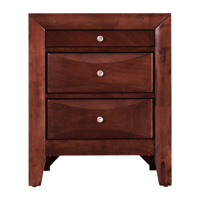 Élégante table de chevet avec rangement en cerisier foncé vif - H 28 po x l 23 po x P 17 po, 3 tiroirs, façade incurvée, aucun assemblage requis, élégante