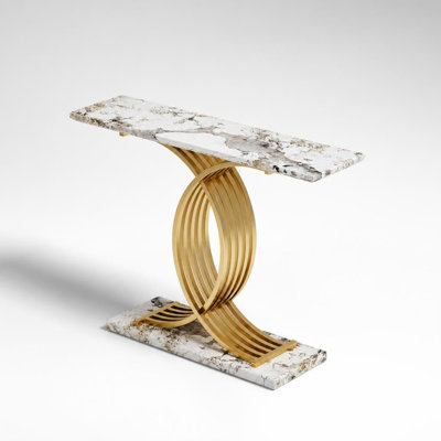Console d'appoint moderne et luxueuse avec plateau effet pierre et piètement métallique robuste, meuble gain de place pour entrée, hall, salon, derrière un canapé, table d'exposition décorative au design géométrique.