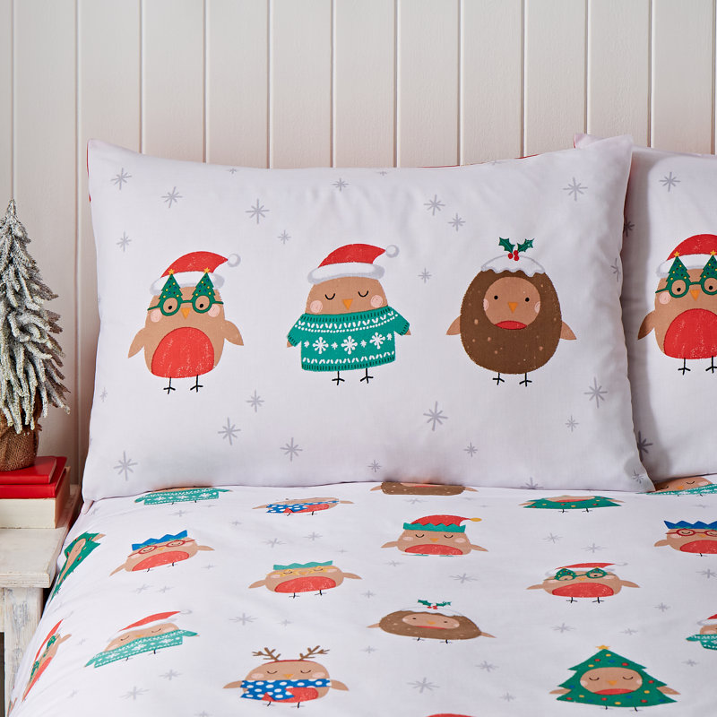 Christmas Party Robins Reversible Duvet Cover Set, Single Duvet Cover + 1 Standard Pillowcase