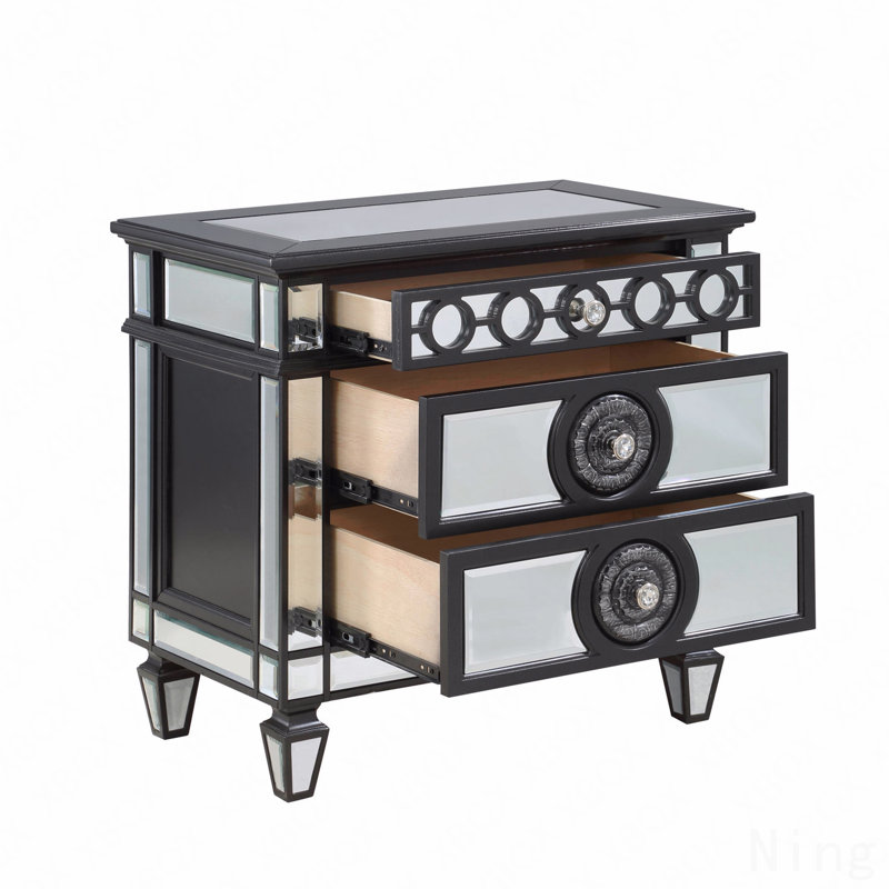 Glam Luxury Bedroom Black And Mirrored Finish Nightstand With 2-Drawers Wooden Furniture 1Pc