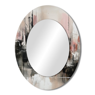 Pink Black Minimalims Fludity I - Abstract Oval Decorative Mirror On Metal
