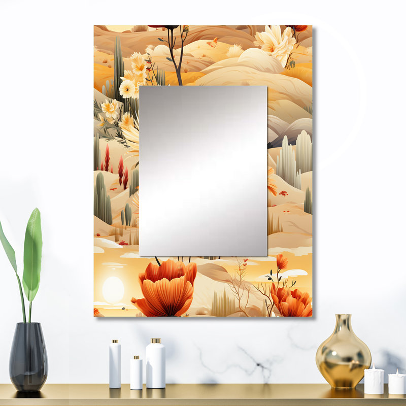 Motif boho Demaro beige prairie fleurs - miroir décoratif floral, grand miroir de chalet, impression sur métal, 32 po x 24 po