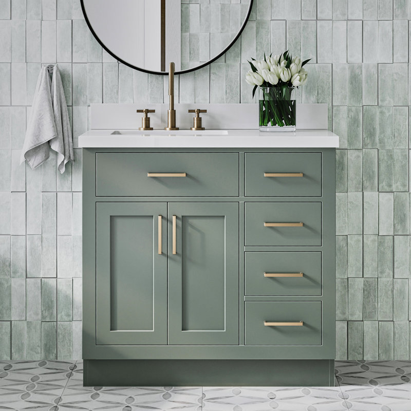Meuble-lavabo simple en bois massif 36 po Tidworth avec plateau en quartz 1,5 po, Forme rectangulaire, Gauche, Vert rétro