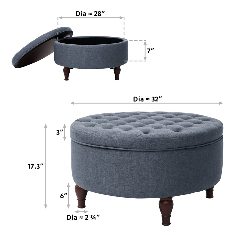 Repose-pieds de rangement rond capitonné de 32 po de largeur, Bleu marine 100% lin