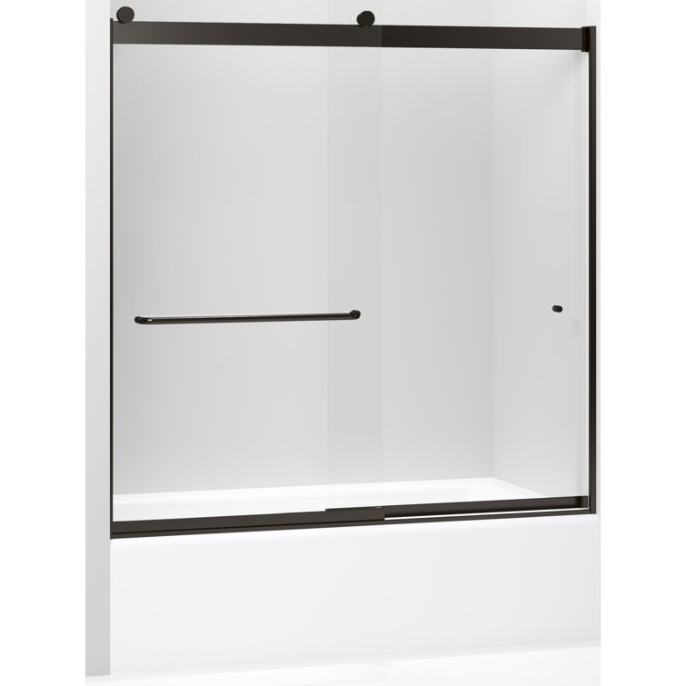 Levity 59.625 in. W x 59.75 in. H Frameless Sliding Tub Door with Towel Bars in Anodized Dark Bronze Levity 59.625 in. W x 59.75 in. H Frameless Sliding Tub Door with Towel Bars in Anodized Dark Bronze