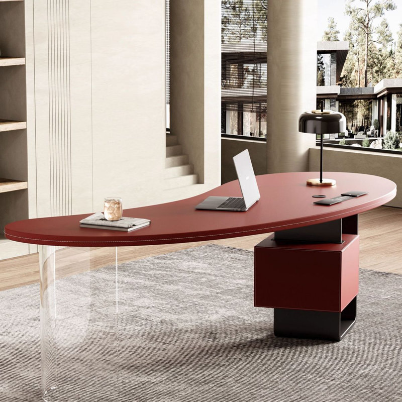 Bureau 2 tiroirs rouge + noir + bois franc incurvé + acier Barenia + acier + acrylique, H 29,53 po x l 62,99 po x P 30,31 po