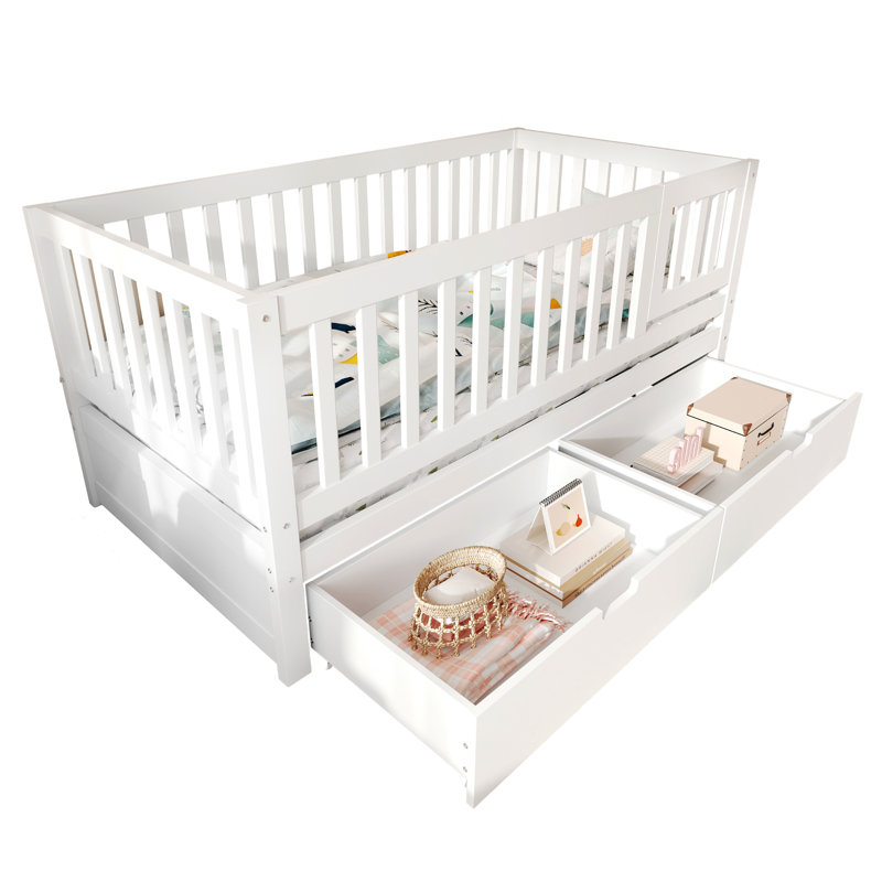 Lit convertible pour tout-petits en bois massif 3in1 Evolve avec tiroirs de rangement et garde-corps amovibles, White