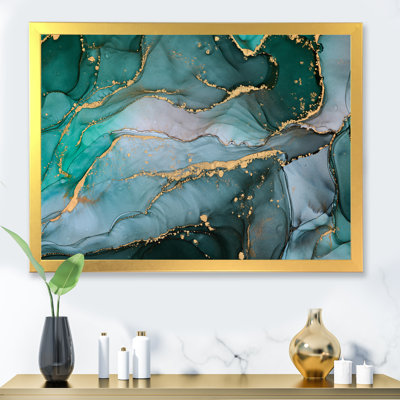 Turquoise et gris, art abstrait fluide de luxe II, reproduction sur toile
