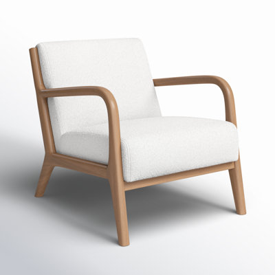 Chaise avec accoudoirs l 26 po Arli - Chaise longue NEMA - Chaise d'appoint en bois de chêne blanc naturel avec revêtement blanc bouclé, fauteuil scandinave moderne pour le salon, la chambre à coucher et les bureaux