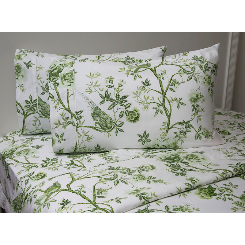 Josephine 100% Cotton Standard Floral Sheet Set, Queen Sheet Set with Pillowcase, White/Sage