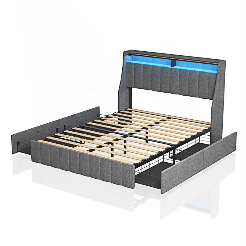 Structure de lit grand format avec DEL et 4 tiroirs de rangement portatifs sous le lit