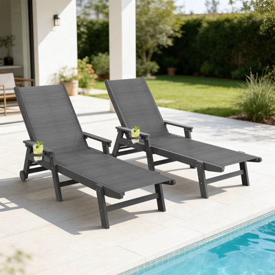 HDPE & PVC-coated polyester Outdoor Chaise Loungers with Arms, 5-Position Adjustable Backrest, Wheeled, Hidden Cup Holders, Set of 2