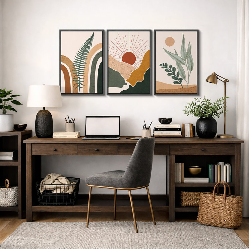 «Mid Century Modern Boho», feuille de fougère abstraite et paysage du désert, Cadre flottant noir, H 36 po x l 72 po 