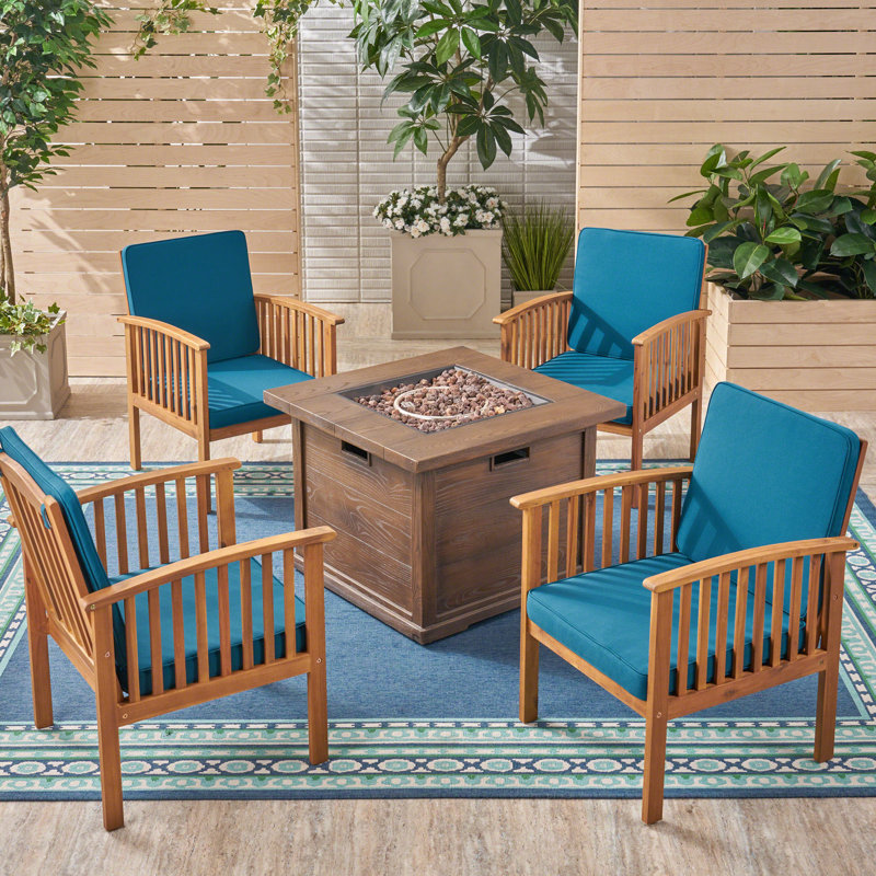 Ensemble de conversation à assise large et coussins 5 pièces Broadbelt, Cadre patiné brun/coussin bleu foncé foncé