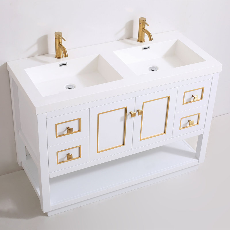 Thome 49'' Double Bathroom Vanity with Resin Top, Brushed Brass, Ivory