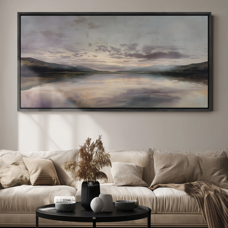 «Tranquil Lakeside Sunset in Pastel Skies», impression murale pour chambre à coucher, H 30 po x l 60 po, Noir