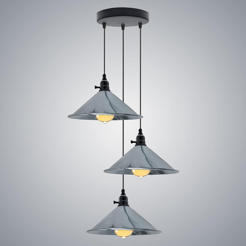 3-Light Cone Pendant Light – Industrial Kitchen Island Ceiling Fixture with Adjustable Height & E27 Bulbs, No, Chrome