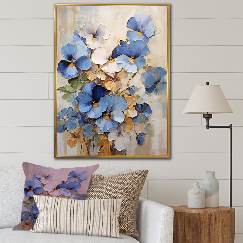 Bleu et or Minimalisme Pansy Radiance Bouquet I, Cadre flottant doré, H 32 po x l 24 po x P 1 po