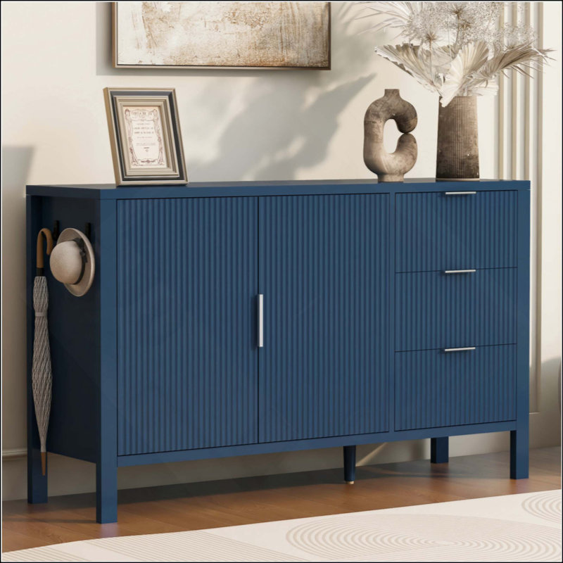 Modern Wave-Pattern Sideboard With 3 Drawers, Large Storage Buffet Cabinet With Hooks And Extra Center Leg,Suitable For Living Room,Entryway,Hallway.