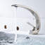 Robinet de lavabo de salle de bain contemporain en nickel brossé - monotrou fixé au comptoir avec forme géométrique et valve de remplissage en céramique-123053139