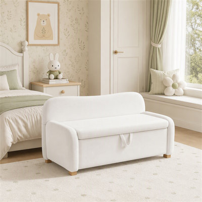 Banc de 55 po avec repose-pieds en fausse peau de mouton, rangement pour dossier blanc, chambre à coucher au bout du lit