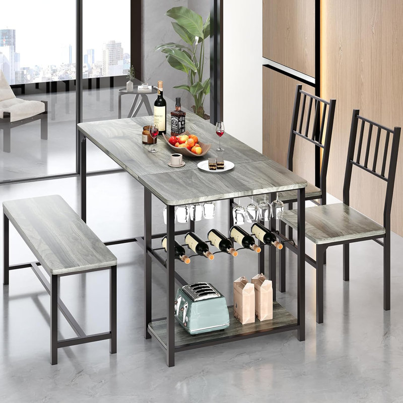 Dining Room Table Set for 4, 55" Kitchen Table Set with Storage Shelf, Wine Rack & Wine Glasses Holder, Gray