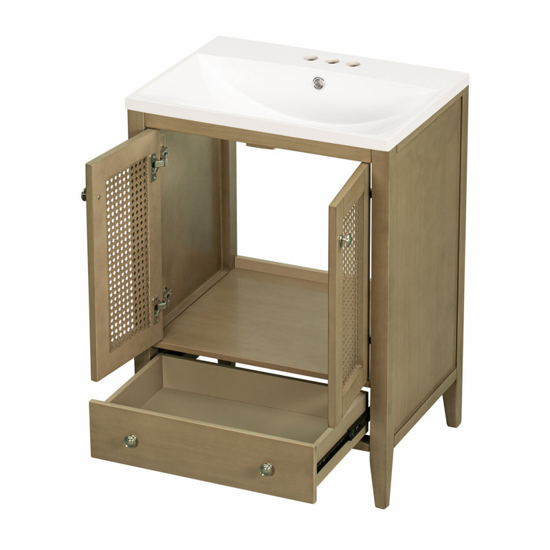 Meuble-lavabo avec lavabo en céramique, meuble de rangement en rotin avec deux portes et tiroir, meuble-lavabo pour l'organisation