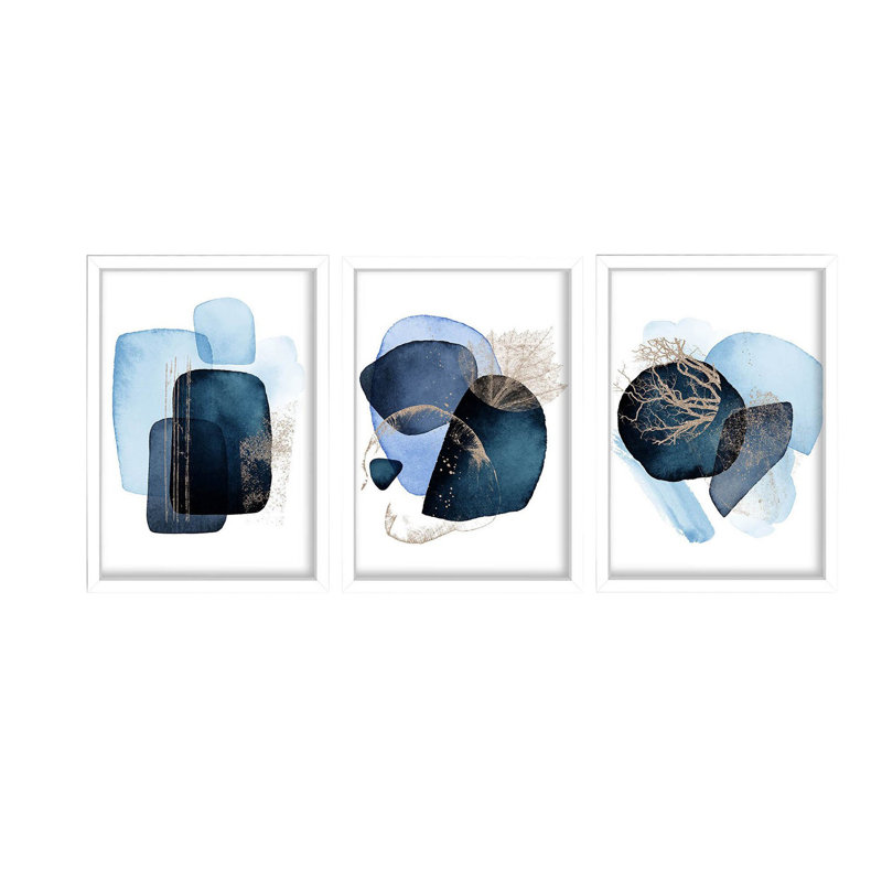 Elegant Decorative Framed MDF Painting Set (3 Pieces), Navy Blue, Blue, Mink & White | 100% MDF Art (Thickness: 0.1 in) & 100% Wooden Frame (Thickness: 0.9 in), Perfect for Home Décor & Contemporary Spaces, 15.0 x 20.9 inches Each