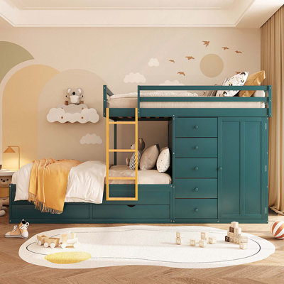 Lit superposé double pleine grandeur avec 2 grands tiroirs et 5 petits tiroirs et petite garde-robe, panneau de fibres à densité moyenne et fabrication en bois massif