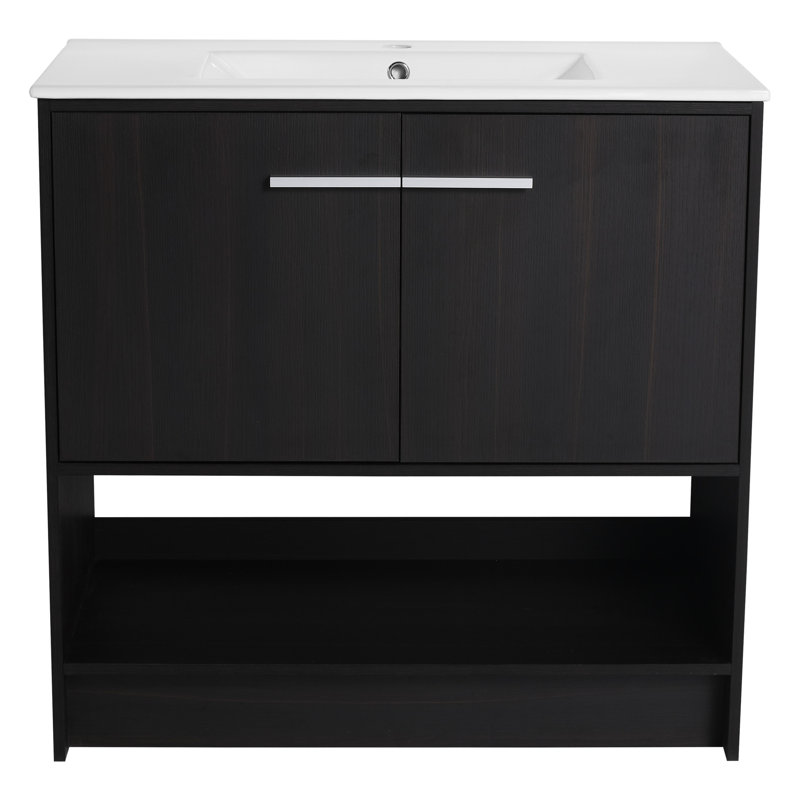 Meuble-lavabo de 36 po avec lavabo en céramique, matériau en contreplaqué, 2 portes à fermeture douce, autoportant, meuble-lavabo autoportant en teinte chêne foncé, lavabo, corps d'armoire de construction, teinte d'apparence noire
