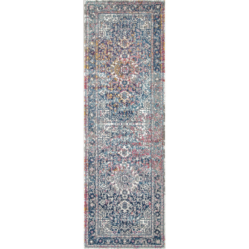 Misi Vintage Medallion Power Loom Blue Rug, Runner 2'8" x 12'