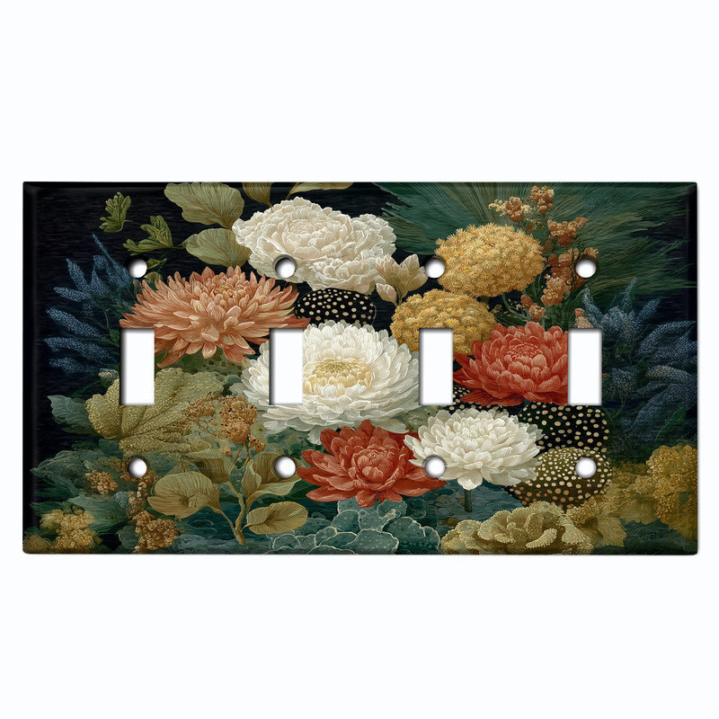 Couvercle de plaque d'interrupteur en métal; Bascule à 4 bandes US standard - Fleurs élégantes, # 4 Quad bascule