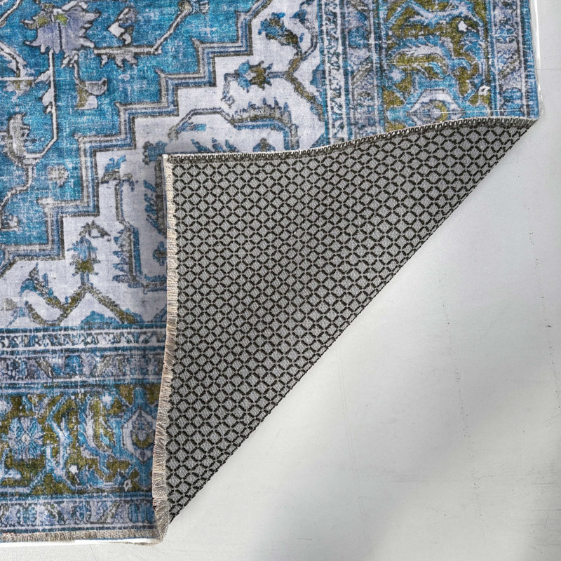 Chenille en coton bleu antidérapant Kilim, Carré 4 pi