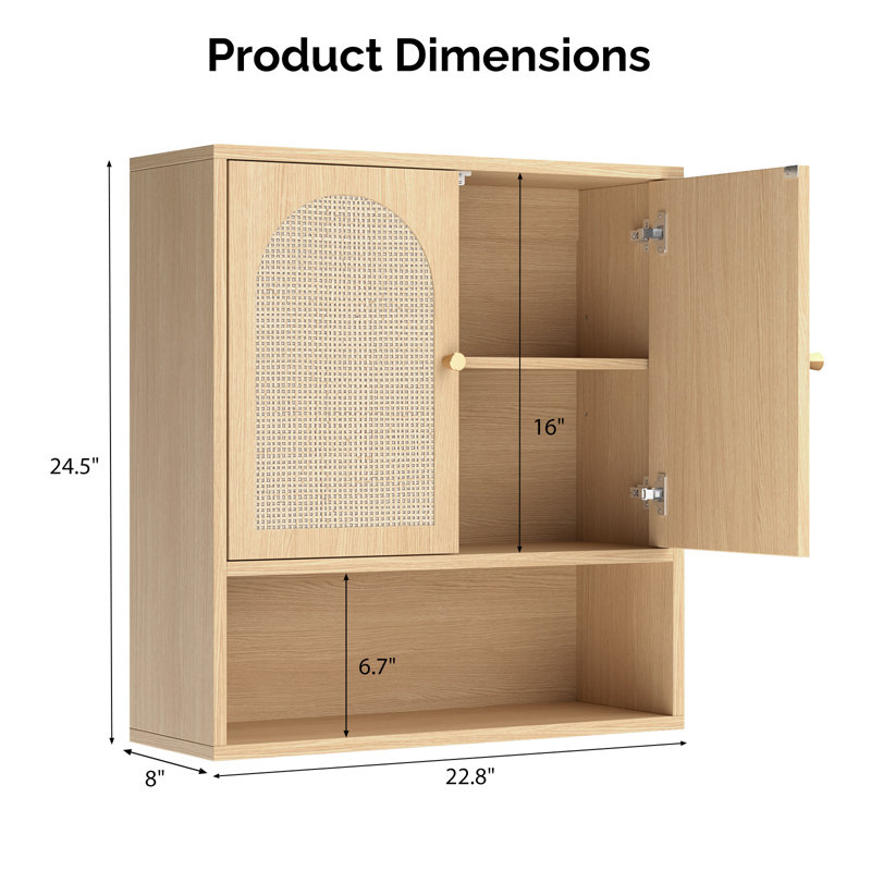 Bathroom Wall Cabinet Oak Real Rattan 2 Doors 1 Shelf