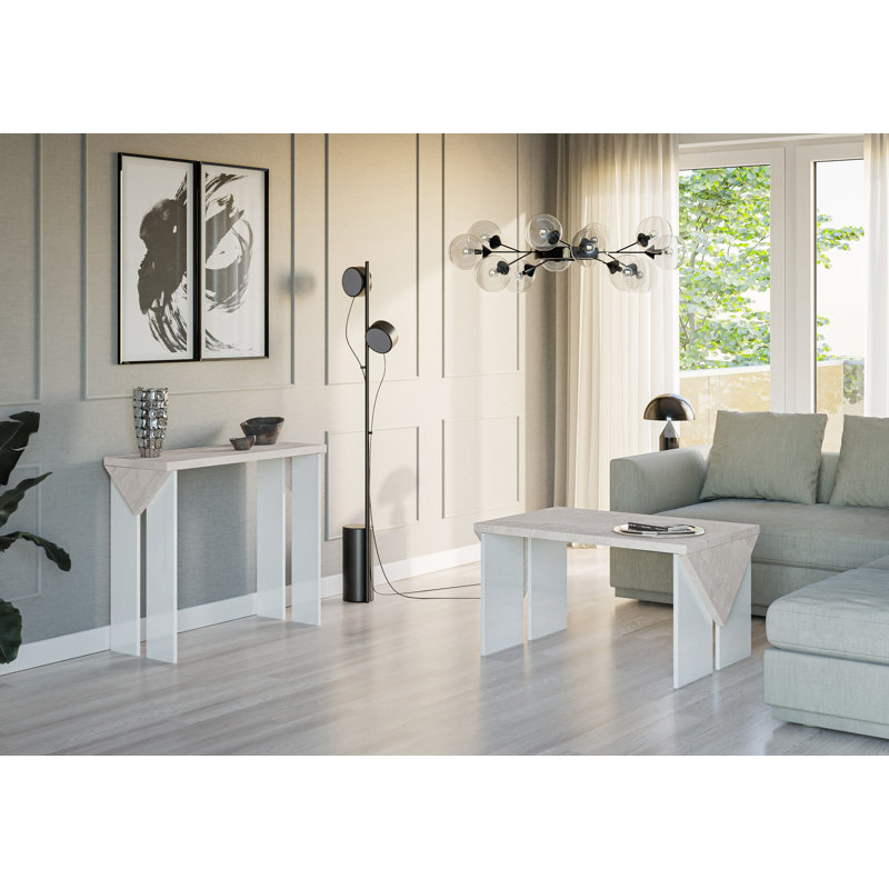 Trip Solid Coffee Table with Storage, Concrete Flow Top/White Gloss Base, 50cm H x 90cm W x 60cm D