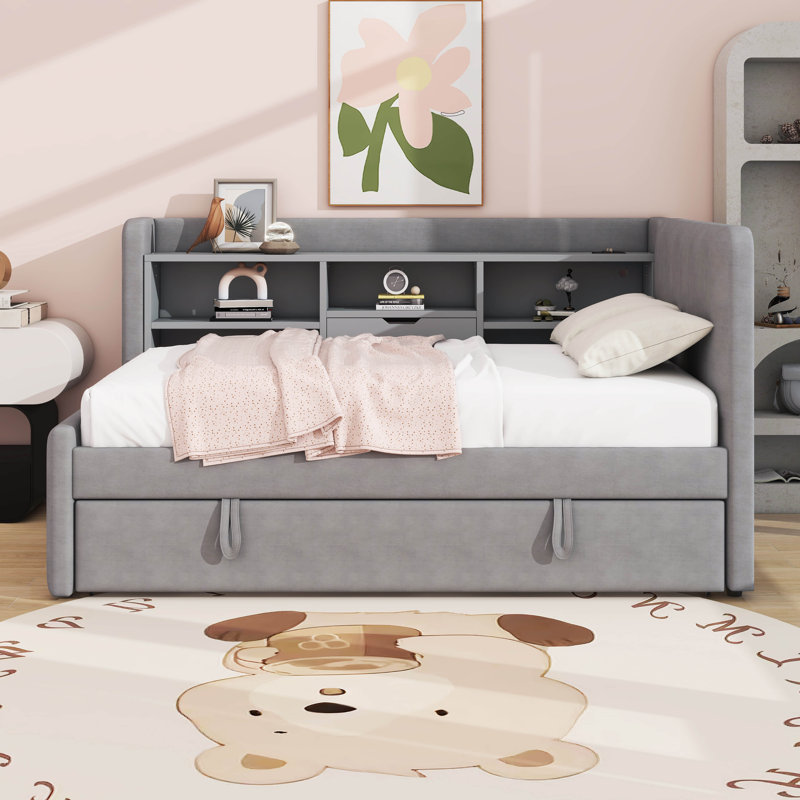 Lit de jour simple en velours rembourré avec couchette coulissante et tablettes de rangement, gris